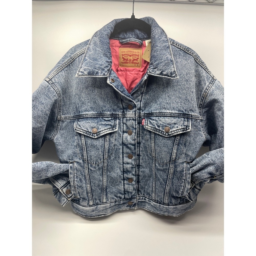 Levis Denim Trucker Jacket Womens S Blue Acid Wash Pink Quilted Lining Blemish